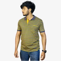 Men's Grey & Yellow Striped Polo T-Shirt | Premium Cotton Regular Fit
